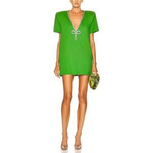 Area For Fwrd Crystal Bow V-Neck T-Shirt Mini Dress In Green XS